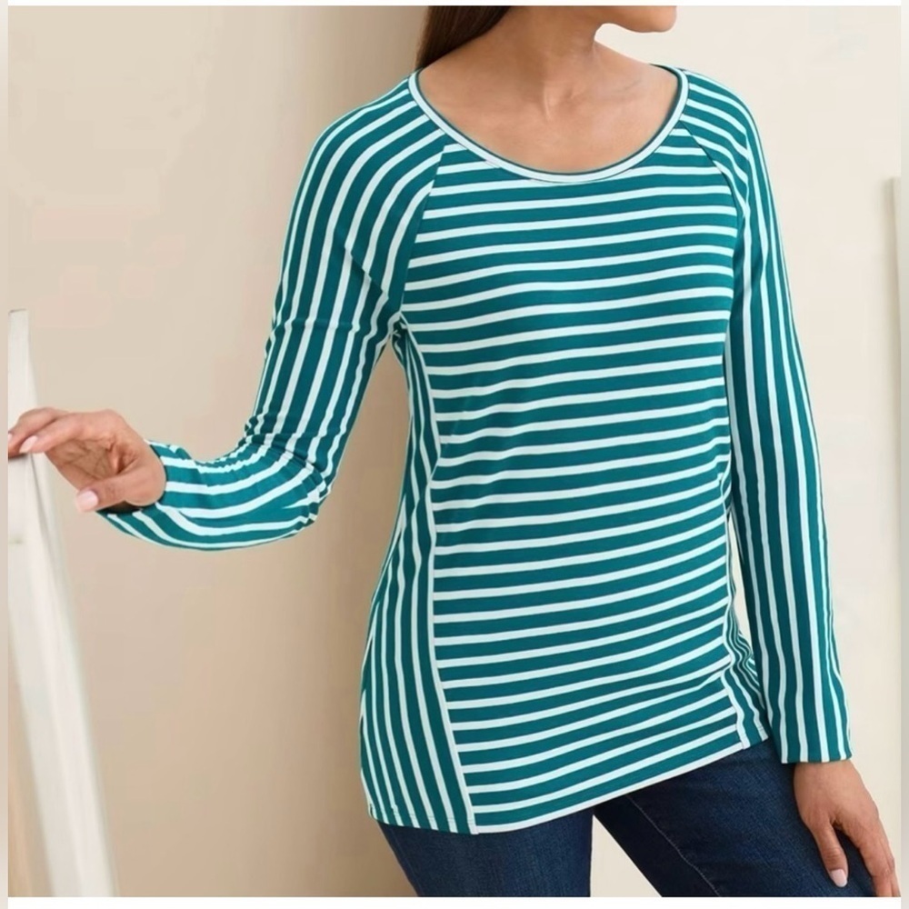 Chico's Mixed Stripe Green White Ponte Scoop Neck Top Size XL